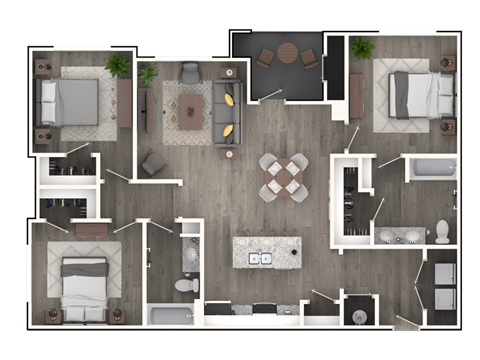 A top-down view of a house layout with various rooms and furniture.